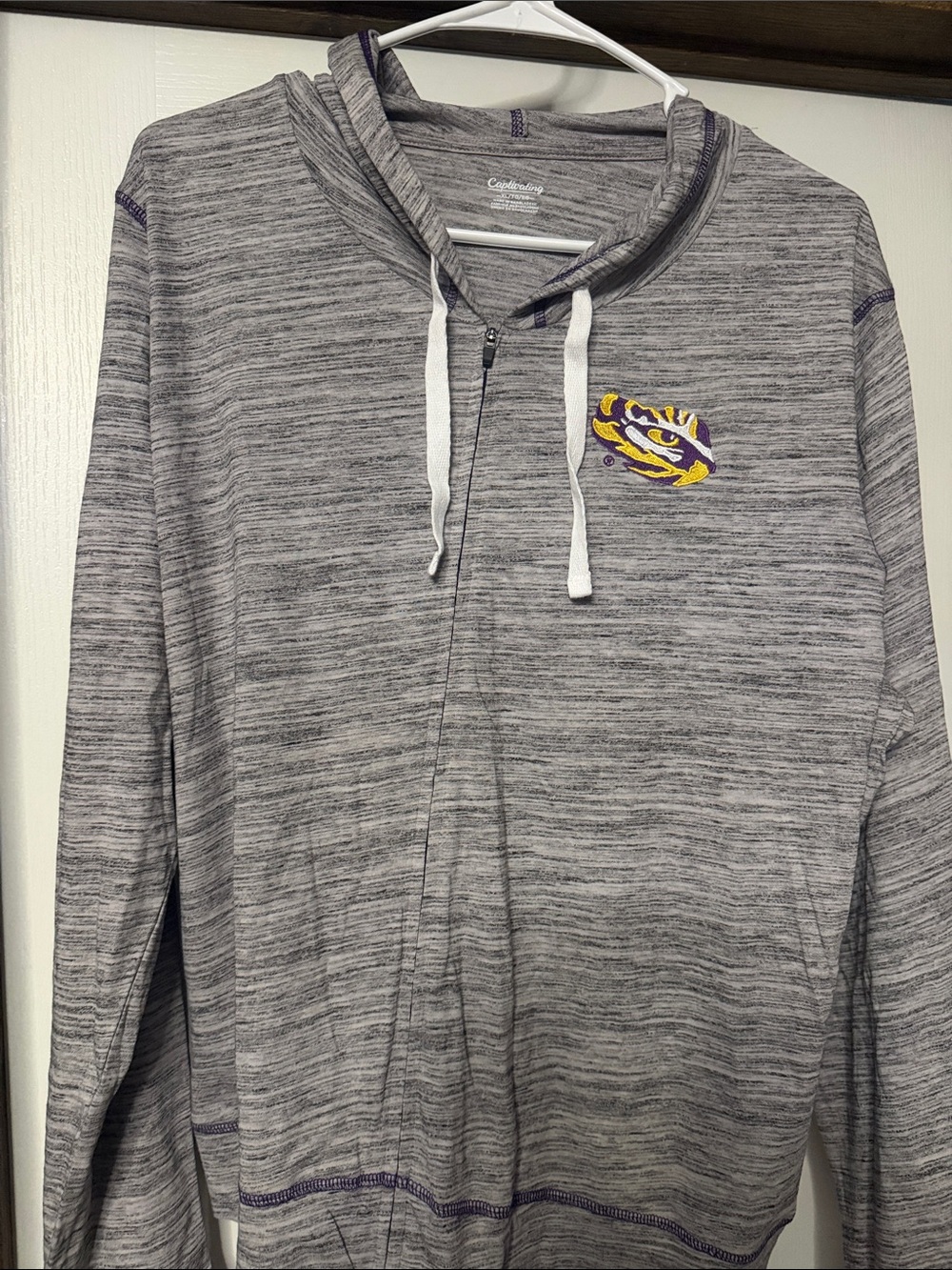 Gray Heather Hooded Zip Shirt with LSU Tiger Eye Logo